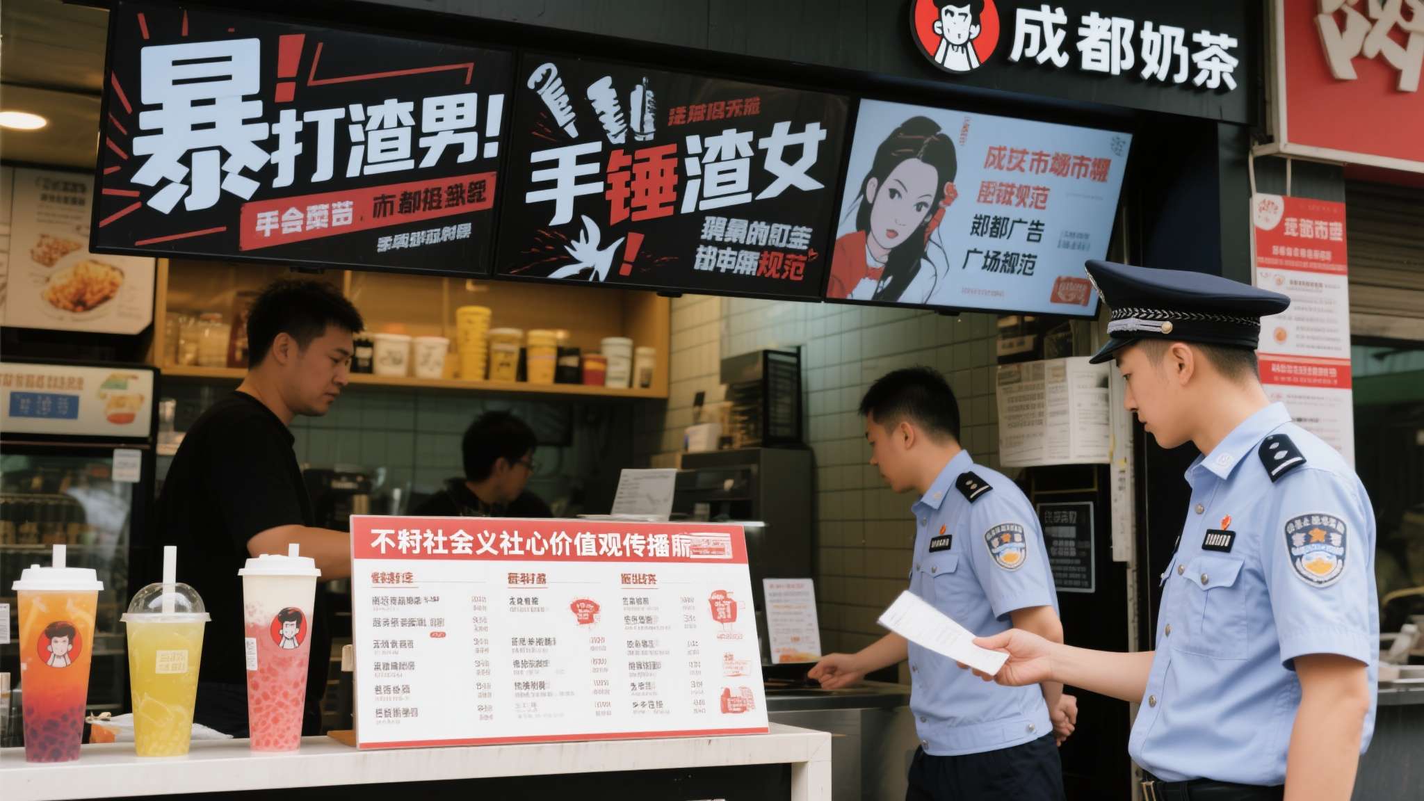 据报道，成都一家奶茶店因在菜单上使用"暴打渣男""手锤渣女"等饮品名称，被当地市